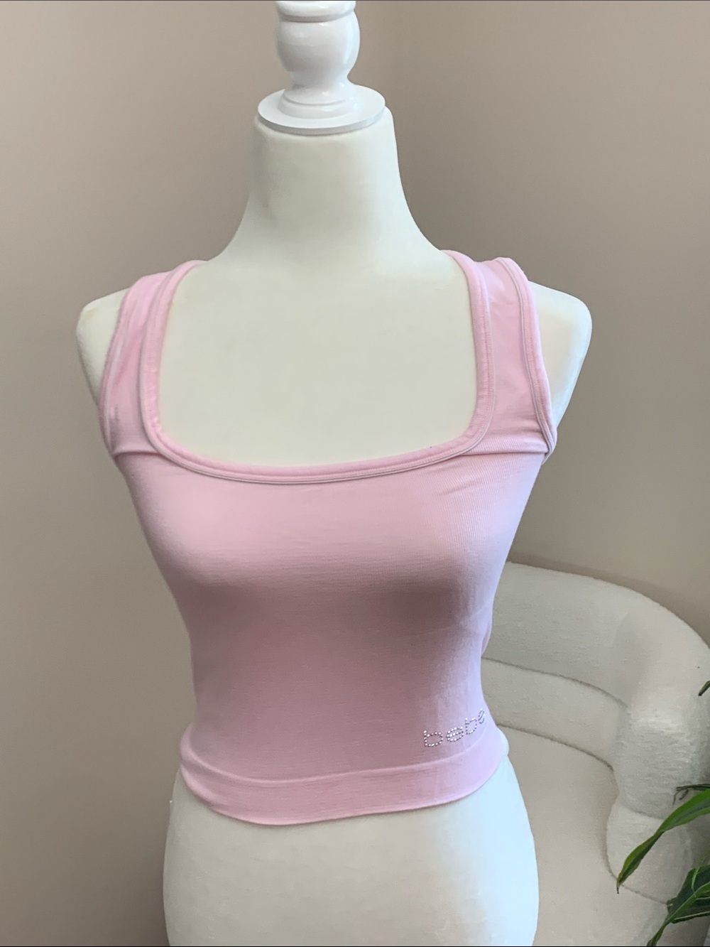 bebe Pink Ribbed Square-Neck Tank with Logo Crystal Detail Y2K